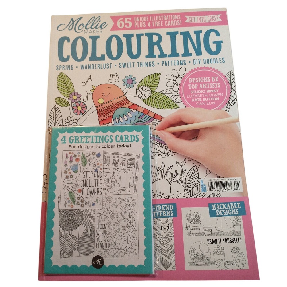 Mollie Makes Colouring Book UK Adult Coloring 65 Designs 4 Greetings Cards New